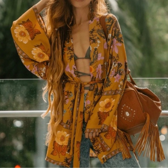 Shop Fig Tops - Floral Vintage Print Kimono Duster Cardigan Jacket Cover-Up Hippie Boho
